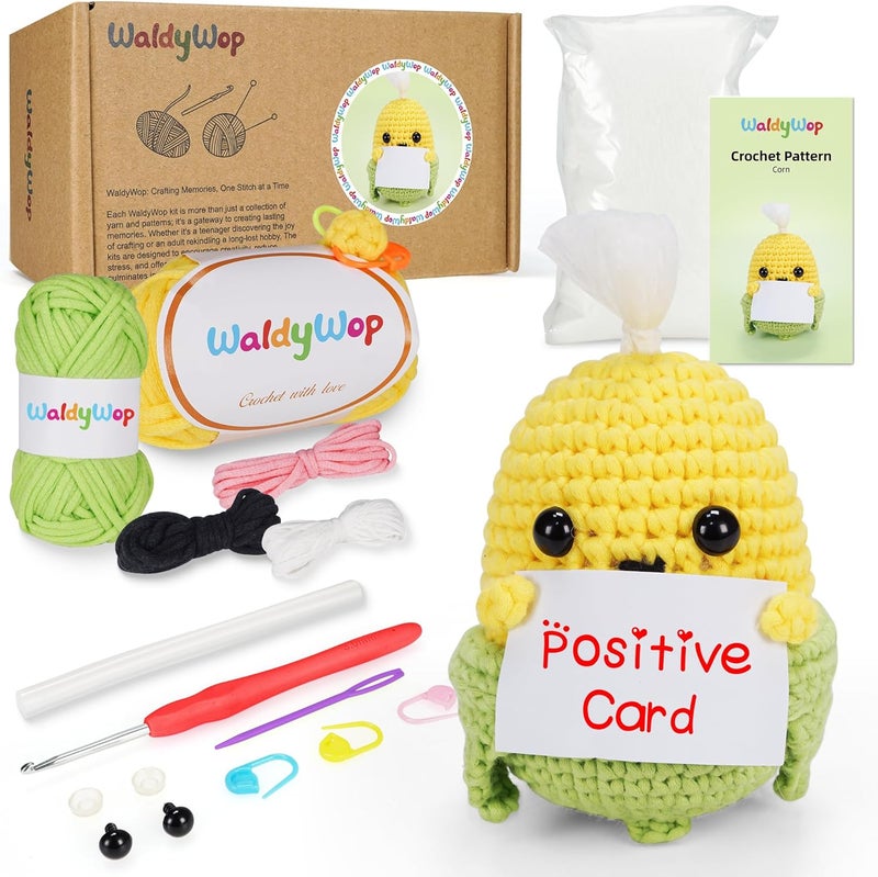 WaldyWop Wobbles Crochet Kit for Beginners: Ideal Gifts for Women w/Positive Card - Easy Craft Kits for Starter Adults w/40% Extra Soft Yarn, Step-by-Step Video Tutorials, Corn Crochet Pattern - Image 1